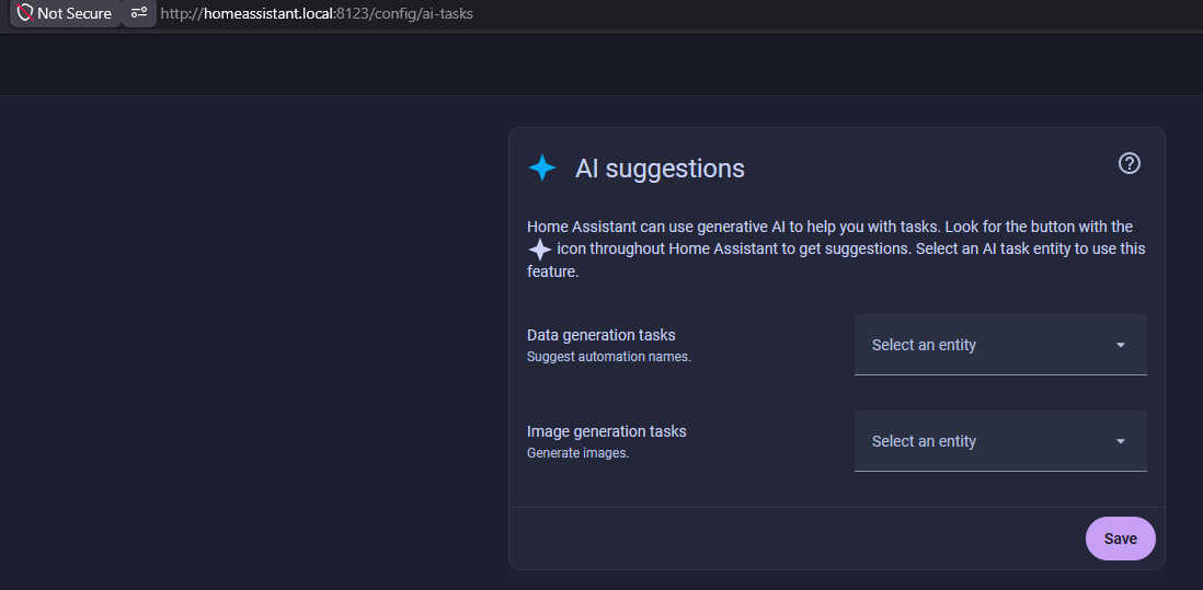 The AI suggestions page in Home Assistant with the entity selectors cleared
